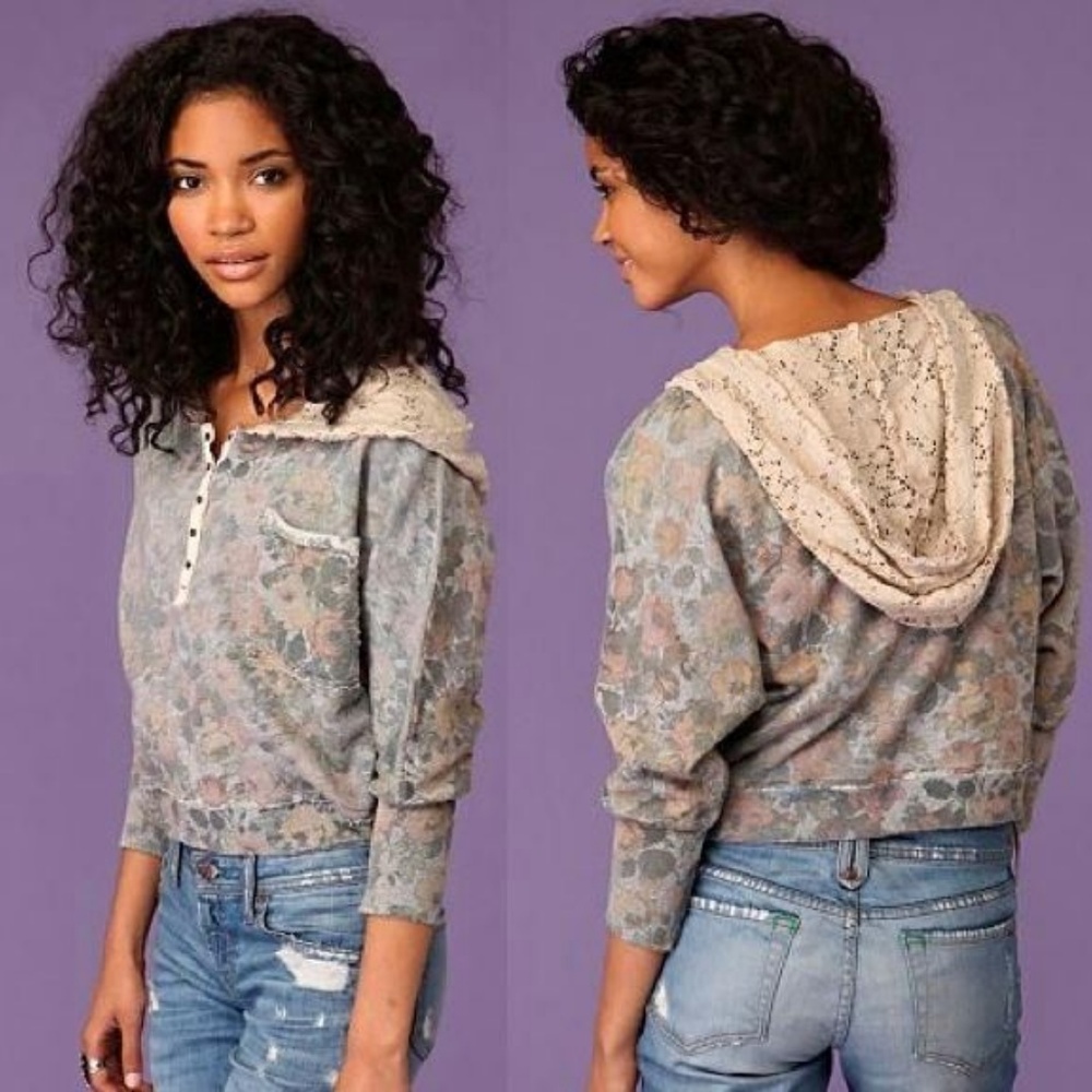 FREE PEOPLE Floral cropped hoodie with lace hood